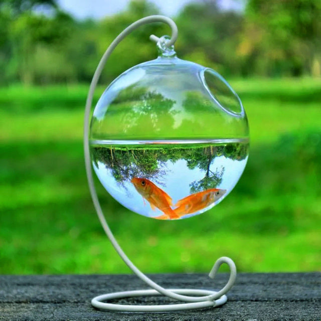 1Set Round Shape Hanging Glass Aquarium Fish Bowl Fish Tank Flower Plant Vase with 12cm Height Rack Holder Home Decoration