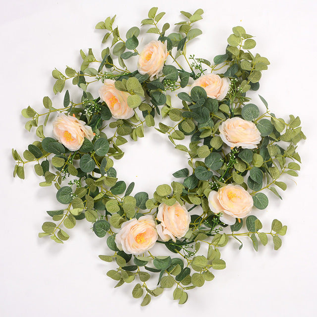 180cm Eucalyptus Garland with Camellias Artificial Flower Fake Flower Silk Rose Vine Decor Hanging Faux Leave Floral for Wedding