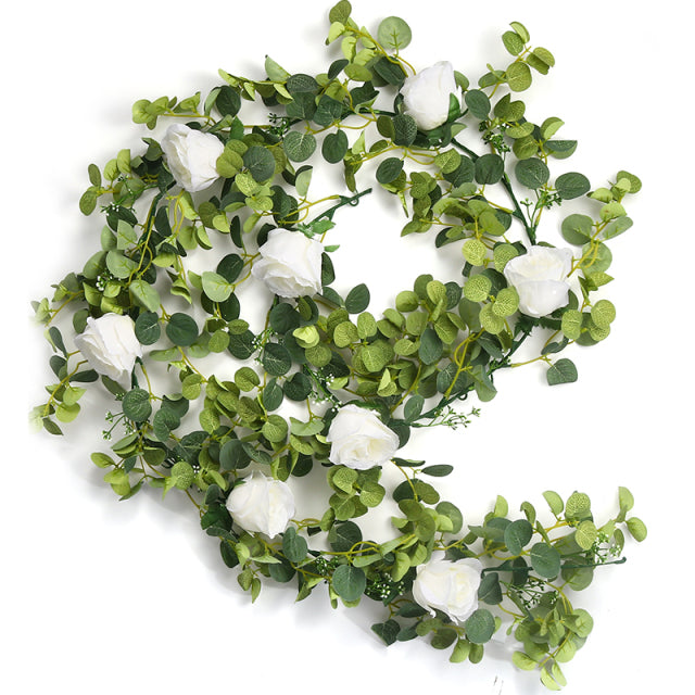 180cm Eucalyptus Garland with Camellias Artificial Flower Fake Flower Silk Rose Vine Decor Hanging Faux Leave Floral for Wedding