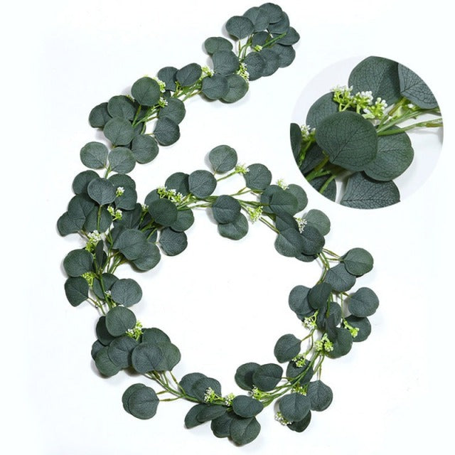 180cm Eucalyptus Garland with Camellias Artificial Flower Fake Flower Silk Rose Vine Decor Hanging Faux Leave Floral for Wedding