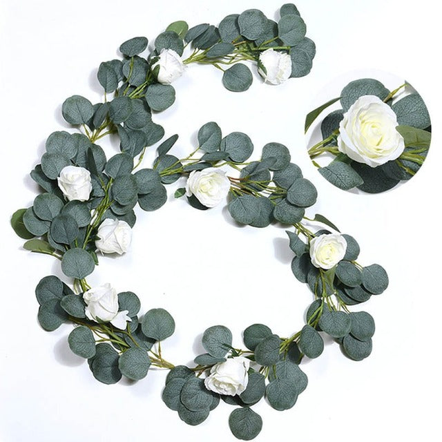 180cm Eucalyptus Garland with Camellias Artificial Flower Fake Flower Silk Rose Vine Decor Hanging Faux Leave Floral for Wedding