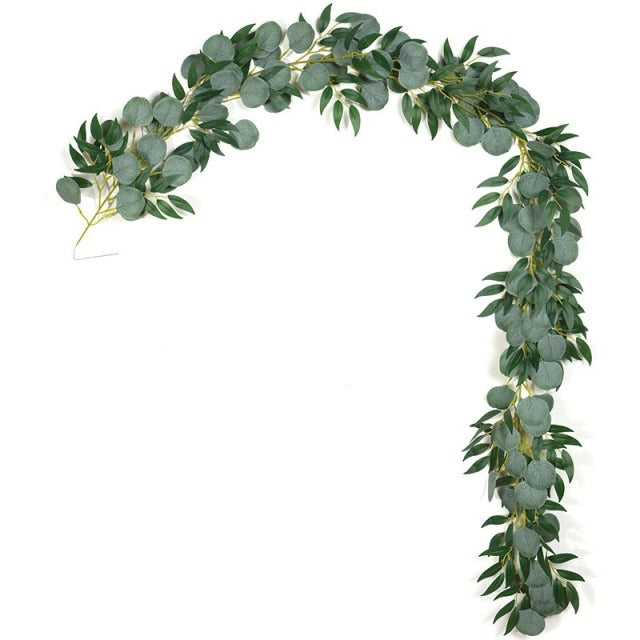 180cm Eucalyptus Garland with Camellias Artificial Flower Fake Flower Silk Rose Vine Decor Hanging Faux Leave Floral for Wedding