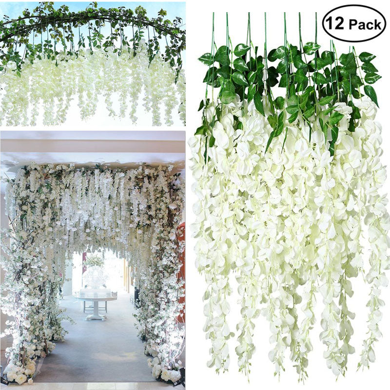 12Pcs 45inch Artificial Wisteria Flowers Fake Wisteria Vine Ratta Hanging Garland Silk Flowers String Home Party Wedding Decor