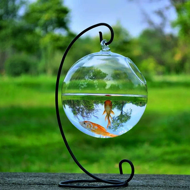 1Set Round Shape Hanging Glass Aquarium Fish Bowl Fish Tank Flower Plant Vase with 12cm Height Rack Holder Home Decoration