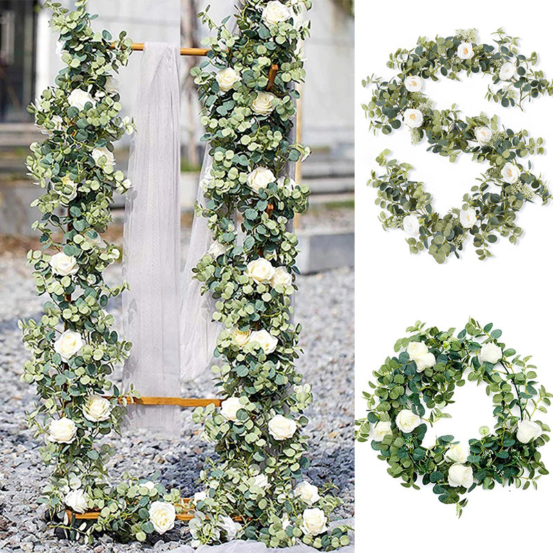 180cm Eucalyptus Garland with Camellias Artificial Flower Fake Flower Silk Rose Vine Decor Hanging Faux Leave Floral for Wedding