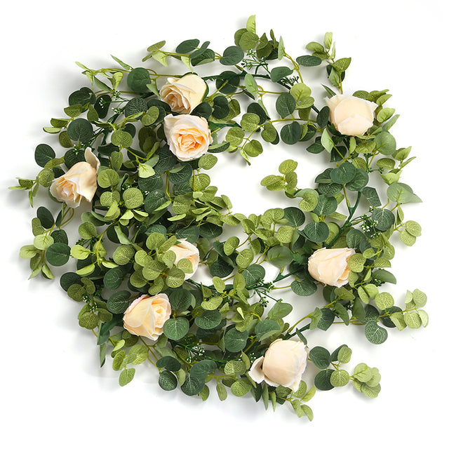 180cm Eucalyptus Garland with Camellias Artificial Flower Fake Flower Silk Rose Vine Decor Hanging Faux Leave Floral for Wedding