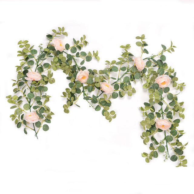 180cm Eucalyptus Garland with Camellias Artificial Flower Fake Flower Silk Rose Vine Decor Hanging Faux Leave Floral for Wedding