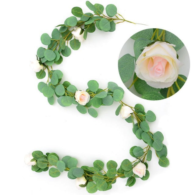 180cm Eucalyptus Garland with Camellias Artificial Flower Fake Flower Silk Rose Vine Decor Hanging Faux Leave Floral for Wedding