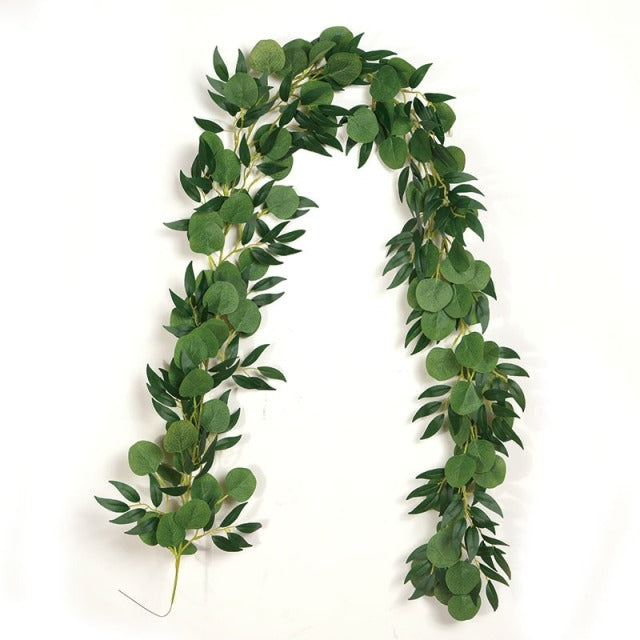 180cm Eucalyptus Garland with Camellias Artificial Flower Fake Flower Silk Rose Vine Decor Hanging Faux Leave Floral for Wedding